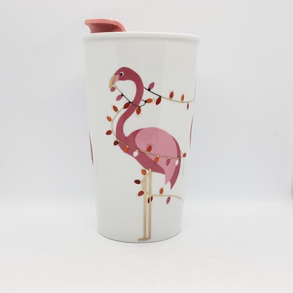 David's Tea Twisted Flamingo Christmas Ceramic Travel Cup Mug